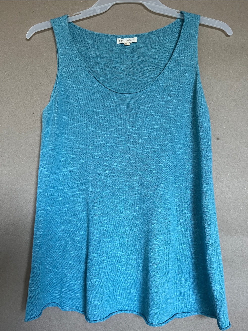 Eileen Fisher Linen Cotton Knit Scoop Neck Tank Scalloped Hem Teal S  Coastal G